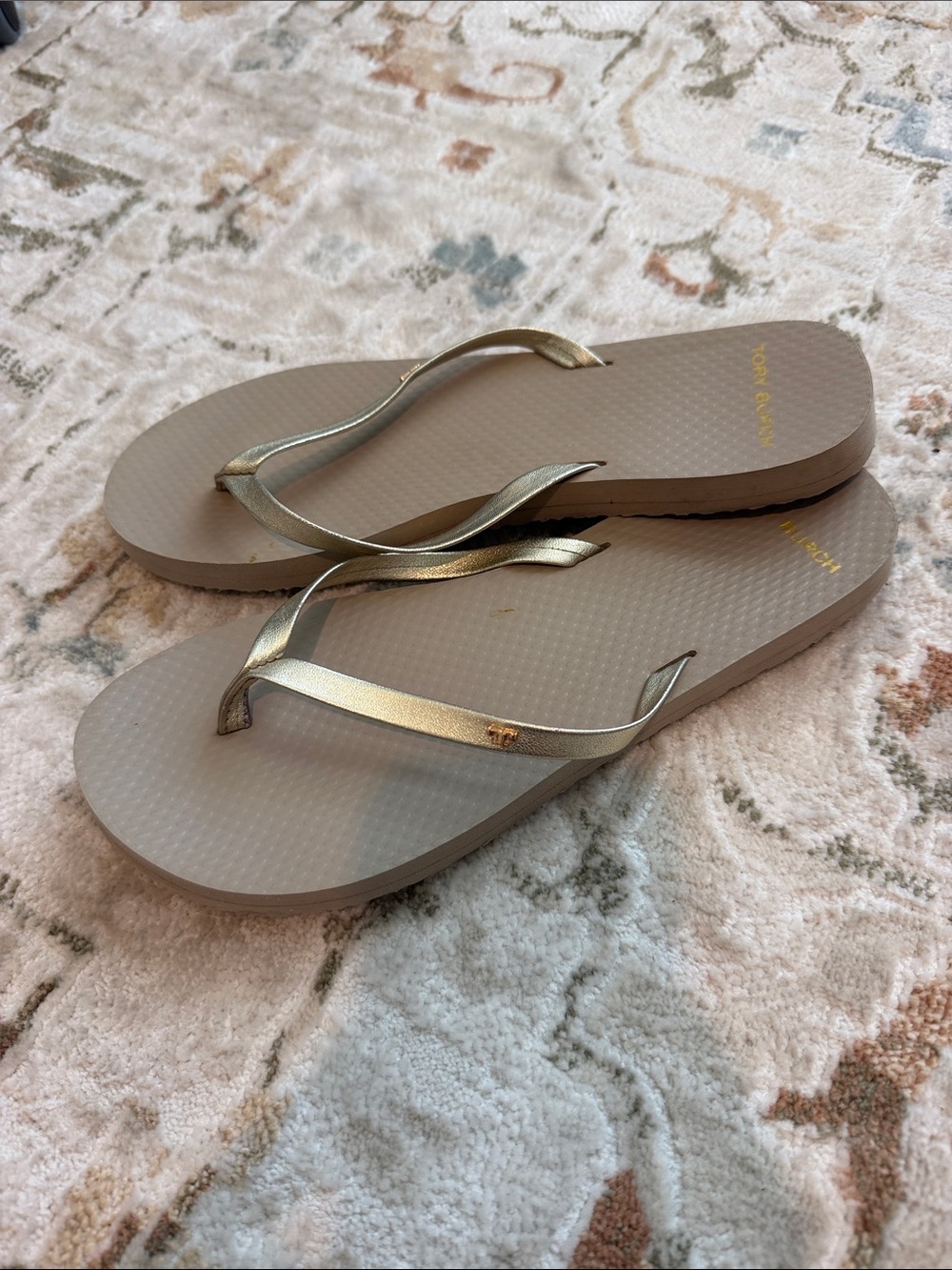Tory Burch Metallic Gold-Trim Flip Flop Sandals size 6